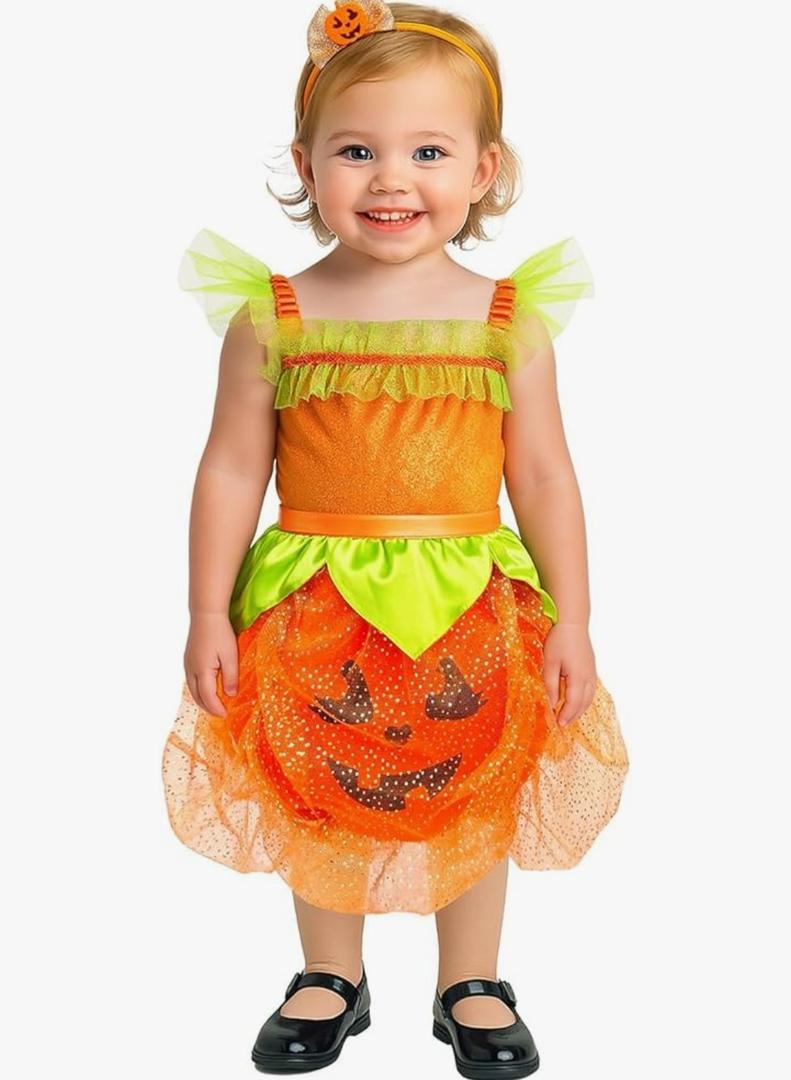 Toddler Pumpkin Costume Dress with Headband - Cute Baby Girl Jack O’Lantern Outfit for Halloween Parties Size L