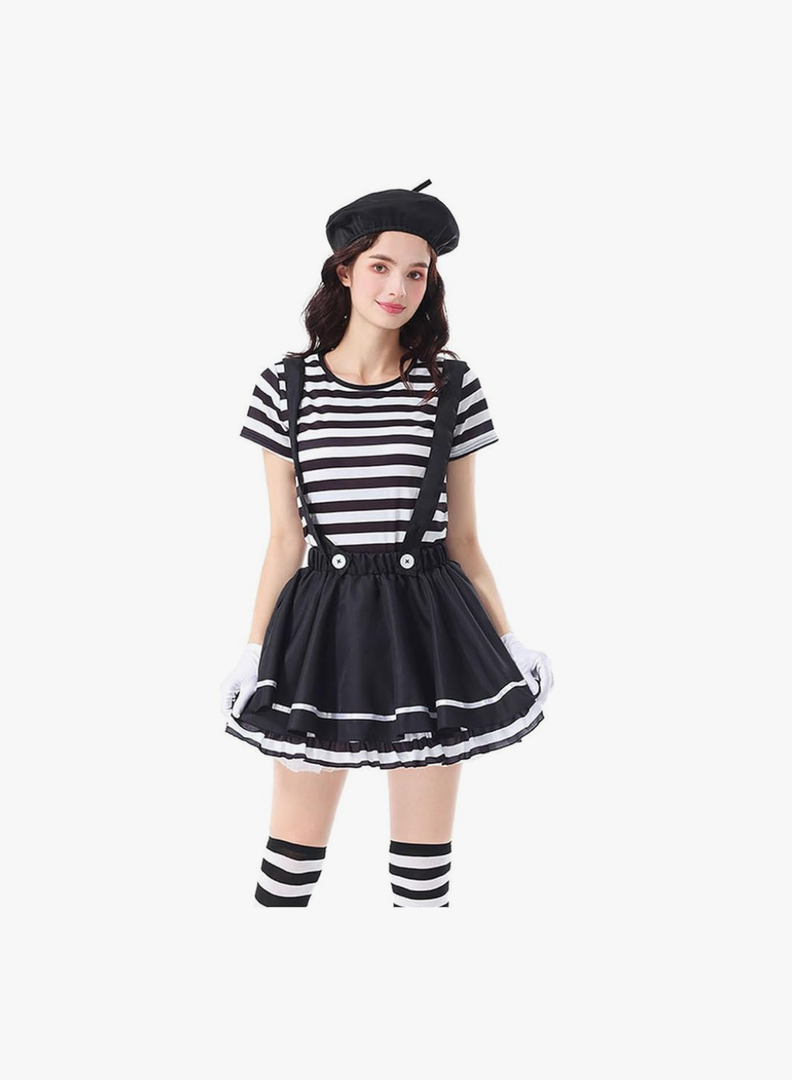 HGps8w Womens 4 Pcs Halloween Costume Suspenders A-Line Pleated Skirt Striped Top Thigh High Socks Gloves Cosplay Outfits Size Medium