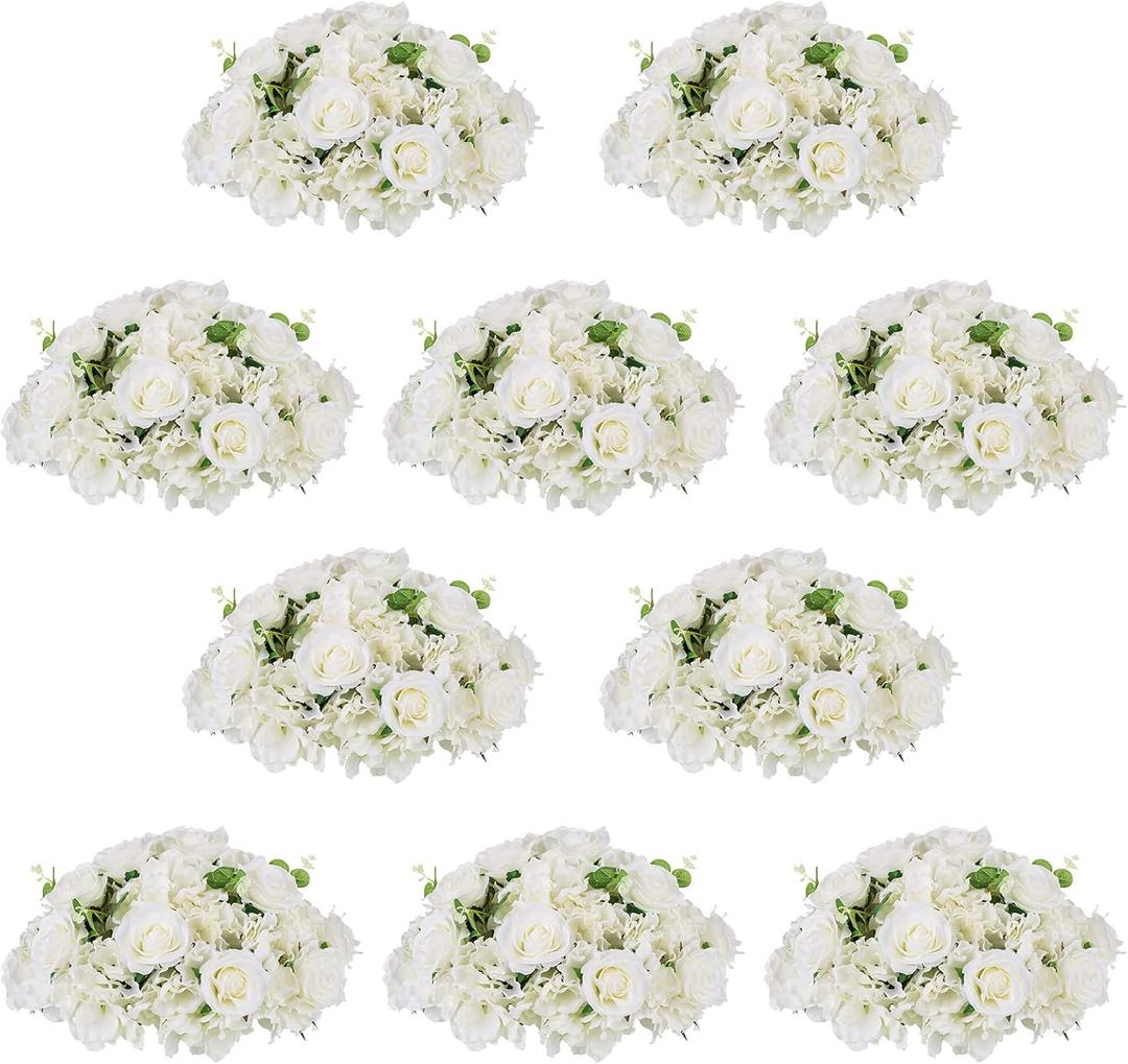 NUPTIO Flower Ball Arrangement Bouquet - 10 Pcs 15.7 inch Diameter White Fake Flowers Roses Balls for Centerpieces Tables - Artificial Rose Arrangements for Wedding Centerpiece Table Decorations