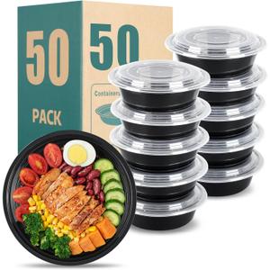 24oz Round Meal Prep Containers with Lids,50-Pack (100 Pcs) Black Disposable Food Storage,Bento Boxes,Stackable,Leak-Proof, BPA-Free,Microwave and Dishwasher Safe