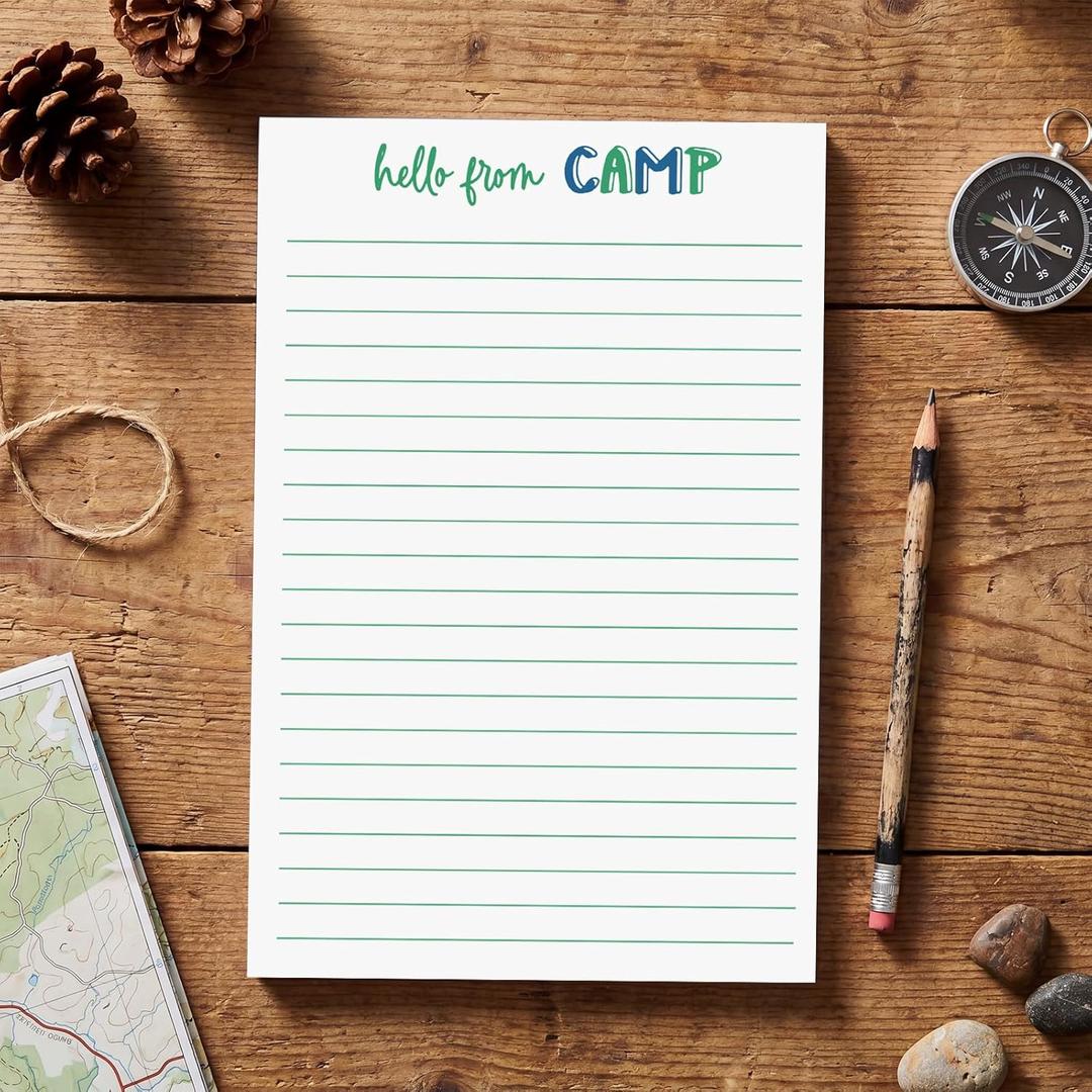 AmazingSpark 50 Pcs Fill in the Blank Camp Notepads for Campers Stationery for Sleepaway Lined Summer Camps 5.5 x 8.5 Inches for Campers Boys and Girl(Boys Hello from Camp,Green)
