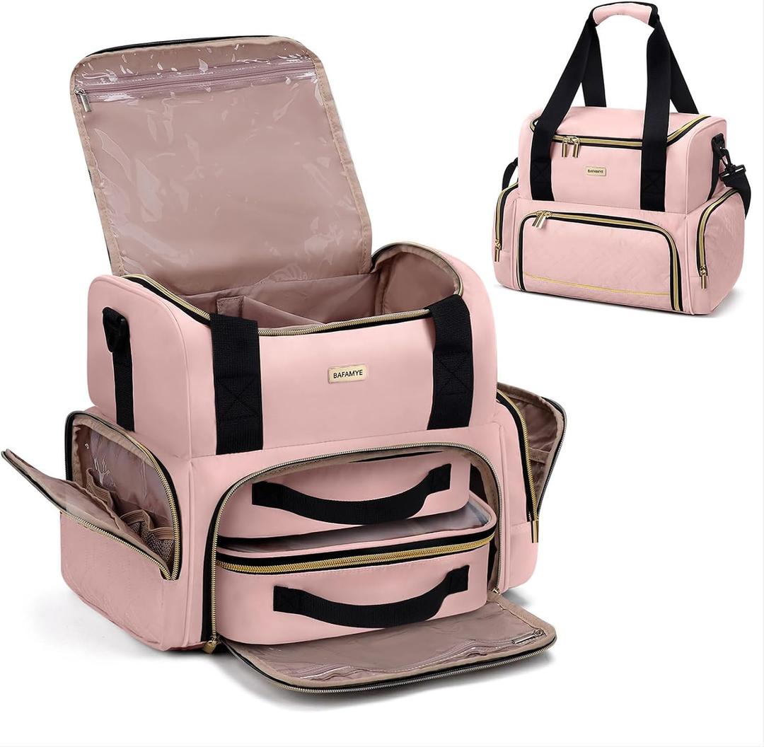 BAFAMYE Large Makeup Cosmetic Bag with 2 Removable Case, Double Layer Travel Makeup Organizer Case, travel Toiletry Bag For Women, Pink