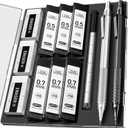Four Candies 2PCS Metal Mechanical Pencils Set with Case, 0.5mm & 0.7 mm Artist Pencil with 6 Tubes (360PCS) HB Lead Refills, 3 Erasers,9 Eraser Refills For Writing Drafting, Drawing, Black&Silver