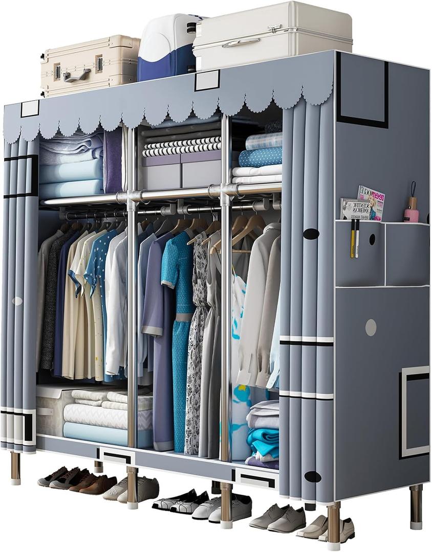 59Inch Portable Wardrobe Closet Storage Organizer for Bedroom, 23MM Thick Steel Hanging Rack with Polyester/Cotton Fabric Cover Phantasy Blue (150CM)