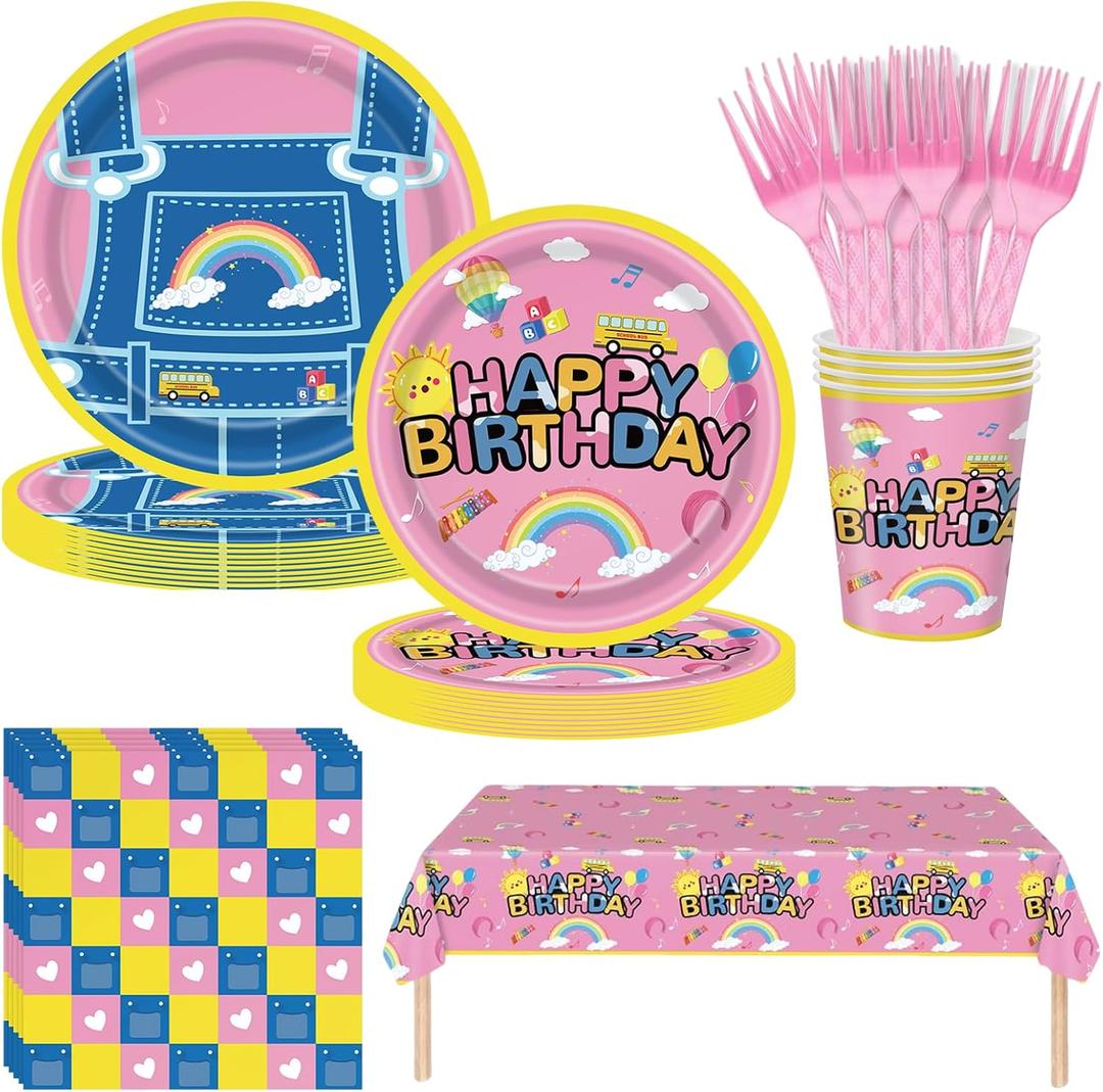 121PCS Girls Birthday Party Supplies - Pink Happy Birthday Cartoon Teacher Plates and Napkins Set with Tablecloth, Cups, Forks Disposable Girls Party Decoration for 24 Guests