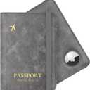 Stouchi AirTag Passport Wallet, Grey, Unisex, Faux Leather, RFID Blocking, Anti-Waterproof