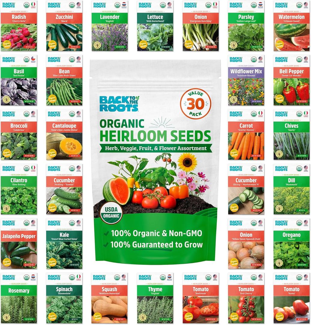 Back to the Roots Heirloom Organic, Non-GMO & USA Grown Seeds, 30ct Herb, Fruit, Flowers, and Veggies, Assortment May Vary, Guaranteed to Grow