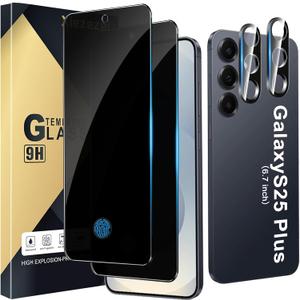 [2+2 Pack] Privacy Screen Protector Compatible with Galaxy S25 Plus 5G - 2 Tempered Film with 2 Camera Lens Glass - High Clarity - Anti-Spy Protection - Scratch Resistant - Easy Installation