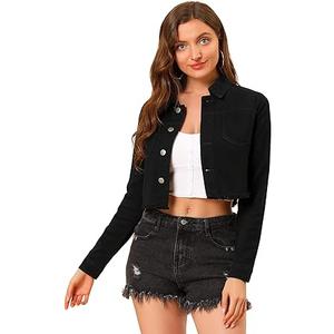 Allegra K Women's Denim Jackets Cropped Jean Jacket Trendy 2026 Lapel Long Sleeve Button Up Spring Summer Outfits Large Black