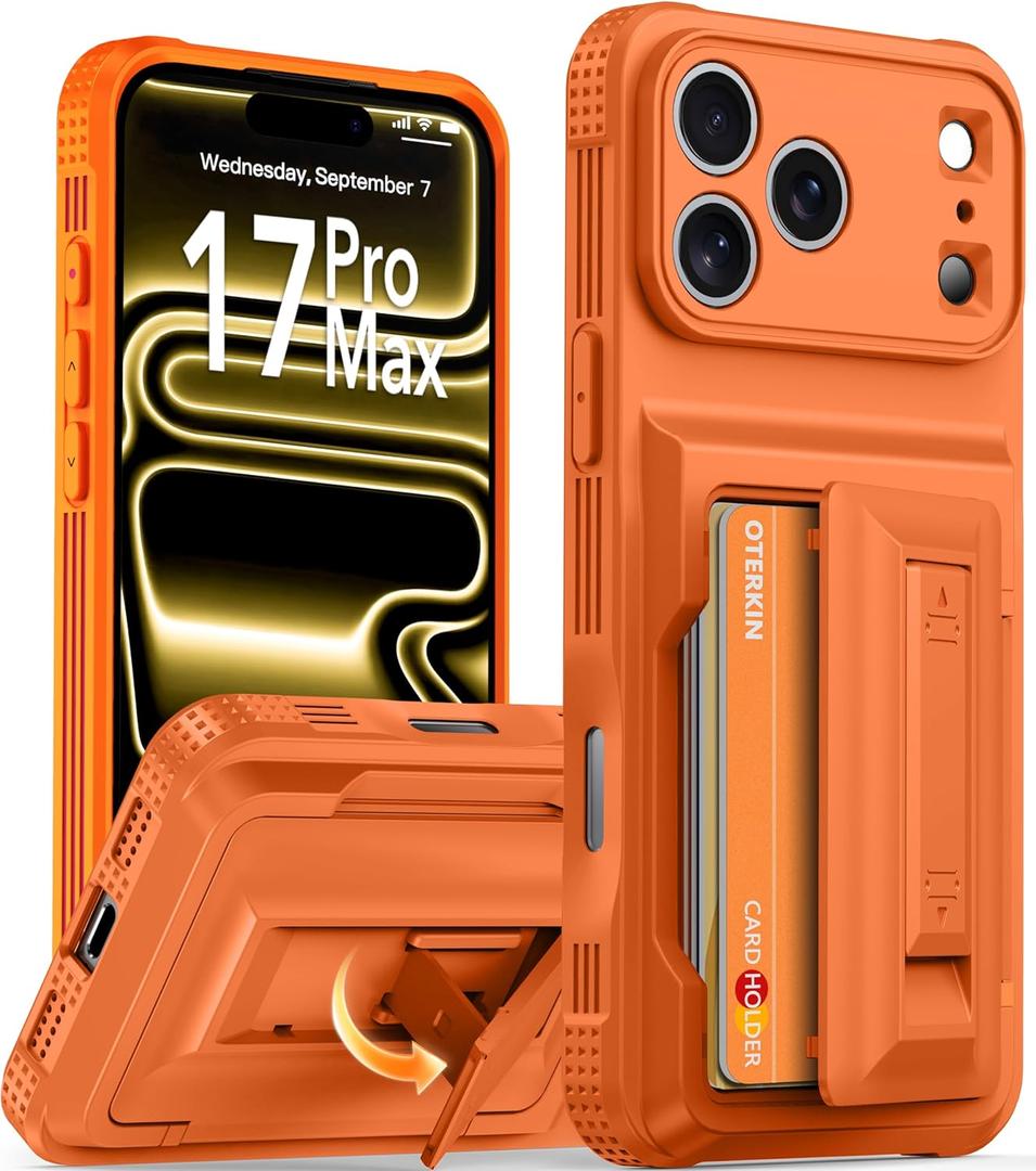 Oterkin for iPhone 17 Pro Max Wallet Case [4-5 Card Holder] [Kickstand] [Full Camera Protection] [RFID Blocking] [Military Grade Protection] Shockproof Rugged Case for iPhone 17 Pro Max, Orange