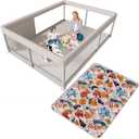 65 x 50 Inch Baby Playpen with Mat, PlayPen for Babies and Toddlers, Sturdy Safety Play Yard for Indoor & Outdoor with Zipper Gates, Anti-Fall (65IN*50IN+MAT, Gery)