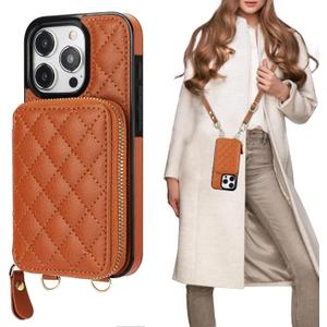 Bocasal Crossbody Wallet Case for iPhone 15 Pro, RFID Blocking PU Leather Zipper Handbag Purse Flip Cover, Kickstand Folio Case with Card Slots Holder Wrist Strap Lanyard 5G 6.1 Inch (Brown)