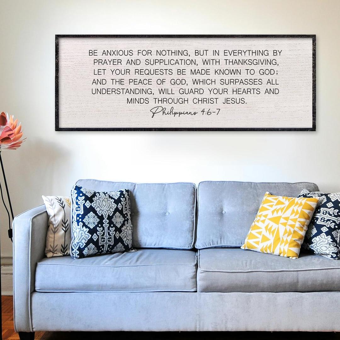 LuZhiQiang Bible Verse Wall Art Be Anxious for Nothing Christian Inspirational Sign 32"12" Philippians 4:6-7 Rustic Religious Home Decor for Living Room Large Scripture Wood Framed Hanging (Black)