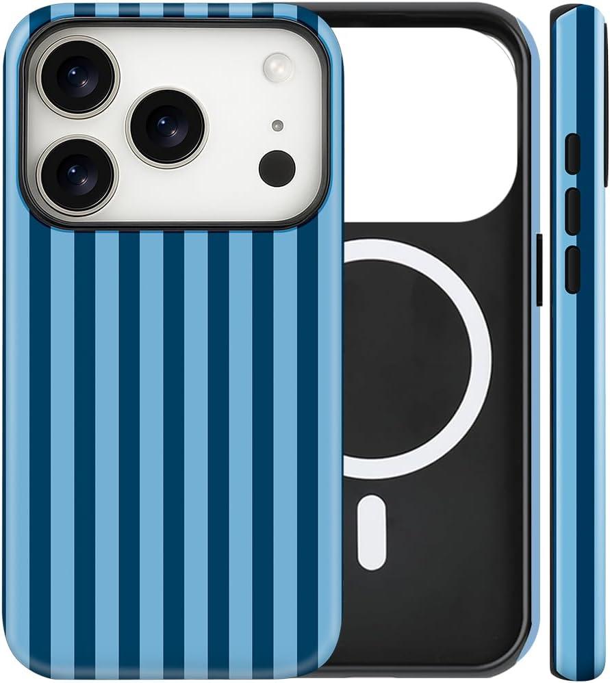 Magnetic for iPhone 17 Pro Case Cute Stripes Phone Case, Shockproof Slim TPU and Hard PC Protective Phone Cover Compatible with MagSafe Designed for Women Girls, Lake Blue