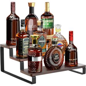 Mkono Small Liquor Bottle Display Shelf 3 Tier Coffee Bar Accessories Rustic Syrup Stand Wine Racks Countertop for Whiskey Tabletop Kitchen,13 Inch