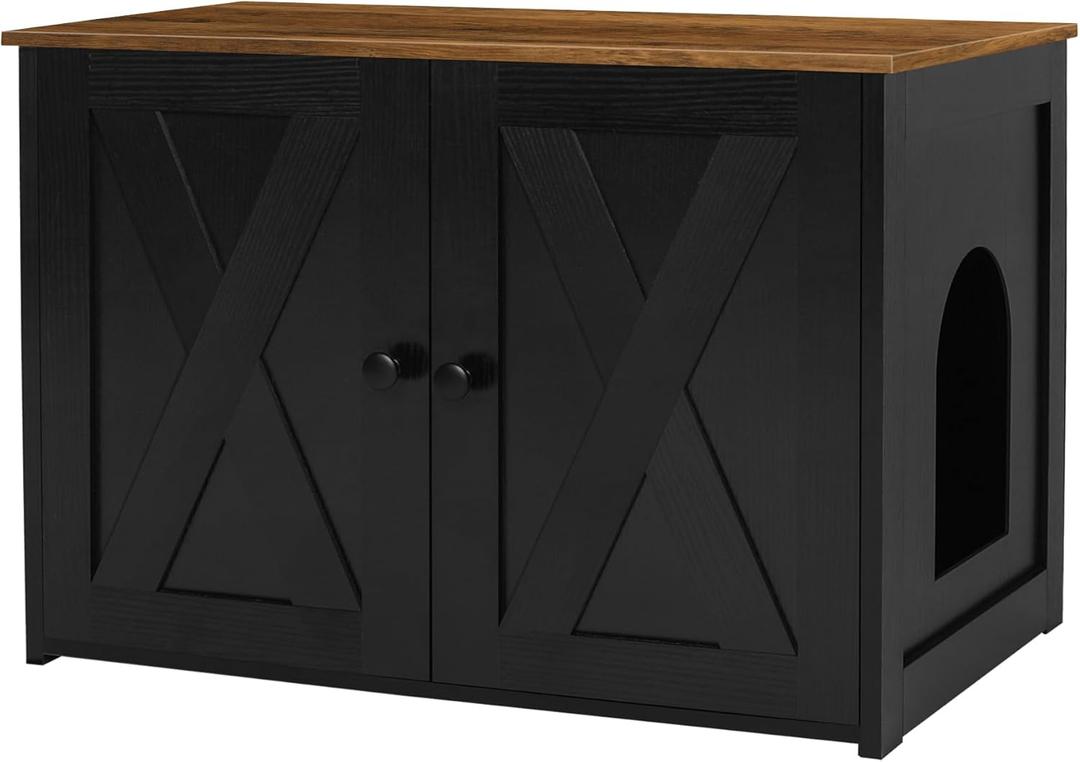 Dwanton Litter Box Enclosure, Cat Litter Box Furniture Hidden, Reversible Entrance Can Be on Left or Right Side, Wooden Cat Washroom Indoor, Black and Warm Brown, 27.6 Inches