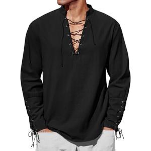 Runcati Mens Medieval Pirate Shirt Steampunk Renaissance Viking Retro Long Sleeve Lace Up Mercenary Halloween Costume Tops (Medium, Black)