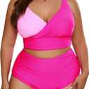 Eytino Womens Plus Size Bikini Sets High Waisted V Neck Bahting Suits Two Piece Color Block Swimsuits(1X-5X) (3X, Bright Pink)