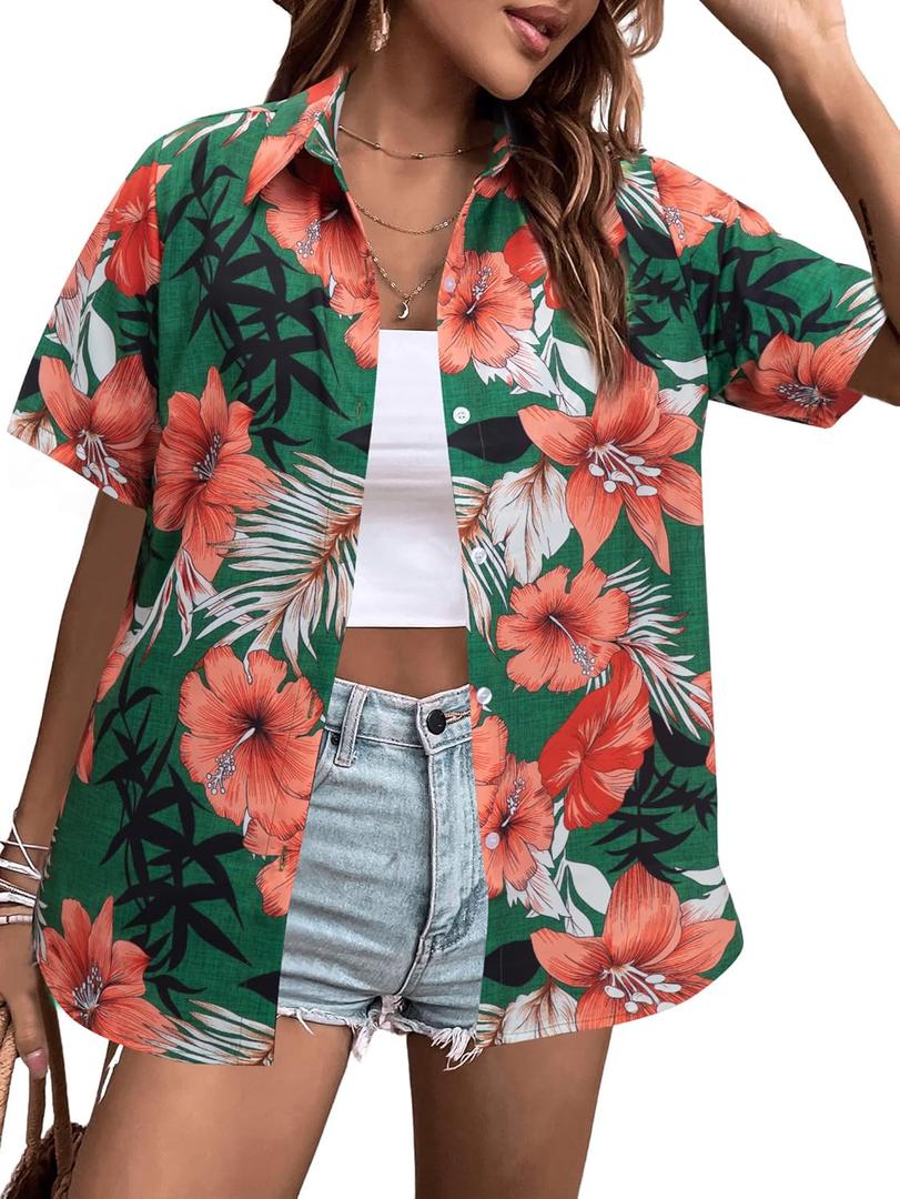 MYHALF Women Hawaiian Shirt Soft Cool Summer Hawaii Shirts Floral Tropic Print V Neck T-Shirt Short Sleeve Button Up Tops (Large)