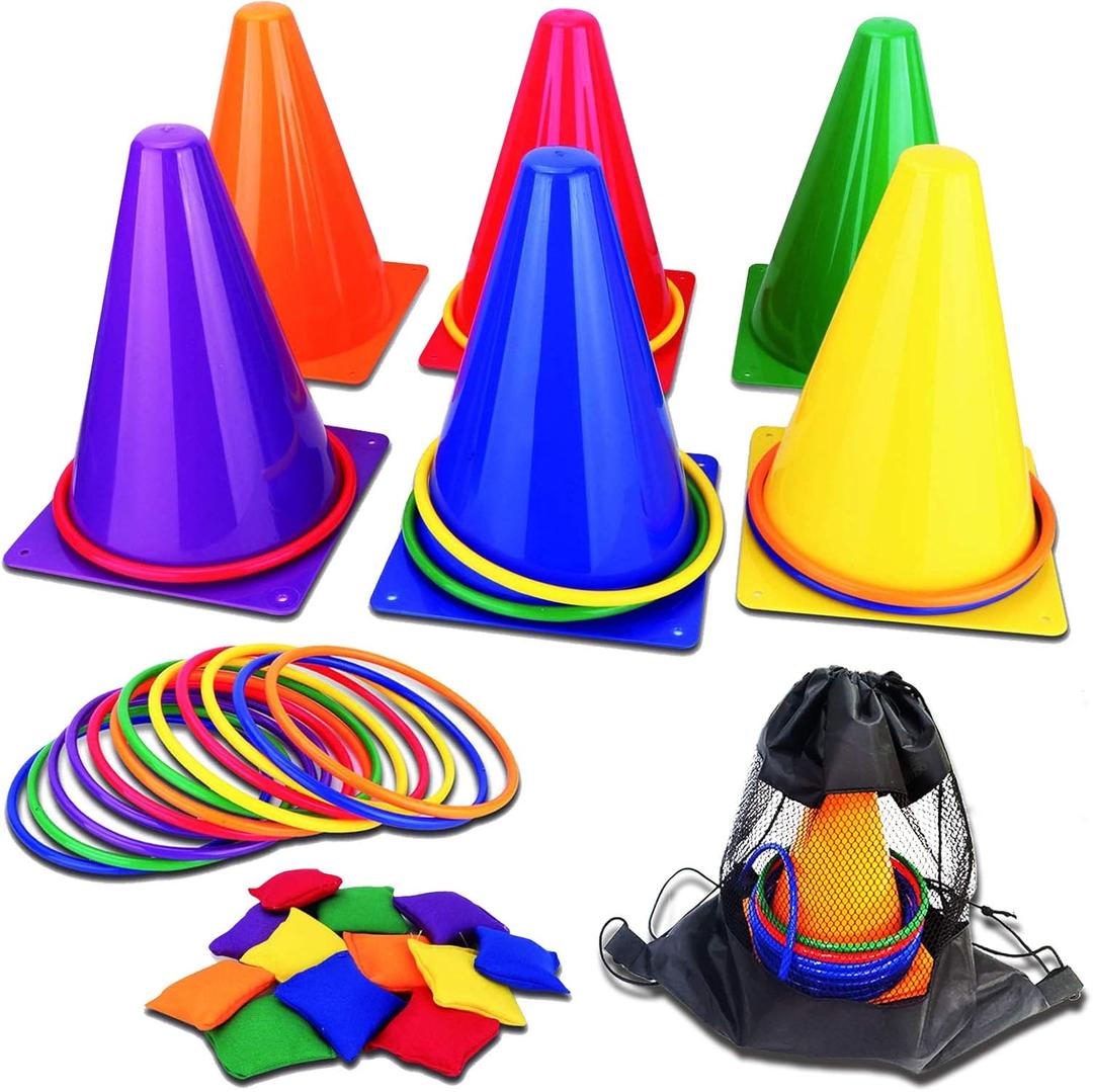 31PCS 3 in 1 Carnival Outdoor Games Combo Set for Kids, Soft Plastic Cones Bean Bags Ring Toss Game, Gift for Birthday Party/ Xmas