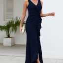 FQA Formal Evening Dresses for Women Elegant Evening Party Prom Dress Long Sexy V Neck Sleeveless Split Wrap (Blue, XL)