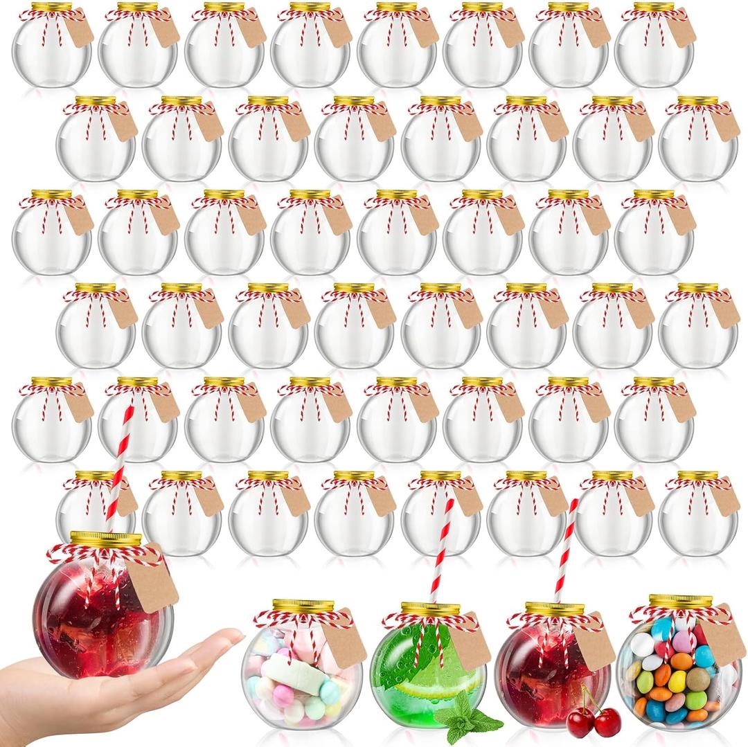 Yaomiao 48 Pcs 10 oz Christmas Ornament Cups for Drink Plastic Clear Fish Bowl with Lids and Straws Spherical Bulb Bottles Bulk for Holiday Cocktails Candy Gift Carnival Party Decorations
