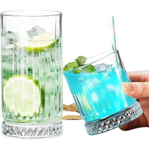 Ribbed Glass Cups Set of 6, 7.5oz Crystal Drinking Glasses for Whisky, 12oz Old Fashioned Glassware for Coffee and Mixed Drink, 15oz Tall Glass Cups for Cocktails
