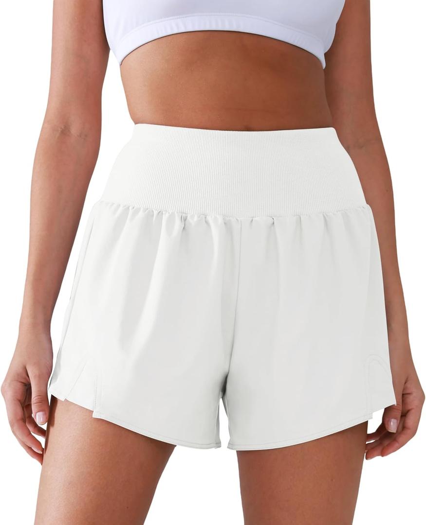 Women's High Waisted Running Shorts with Spandex, Athletic Shorts for Women Light and Airy with Wind-Resistant Fabric (White)