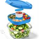 Glass Salad Container,56oz Salad Bowl To Go for Lunch with Airtight Lid,Leak-Proof Sauce Container,4-Compartment Bento Tray & Reusable Fork - BPA-Free Glass Lunch Box for Meal Prep,Office（Blue）