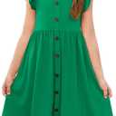 Haloumoning Girls Dress Kids Flutter Sleeve A-Line Button Down Sundress Casual Midi Dresses 5-14 Years Green