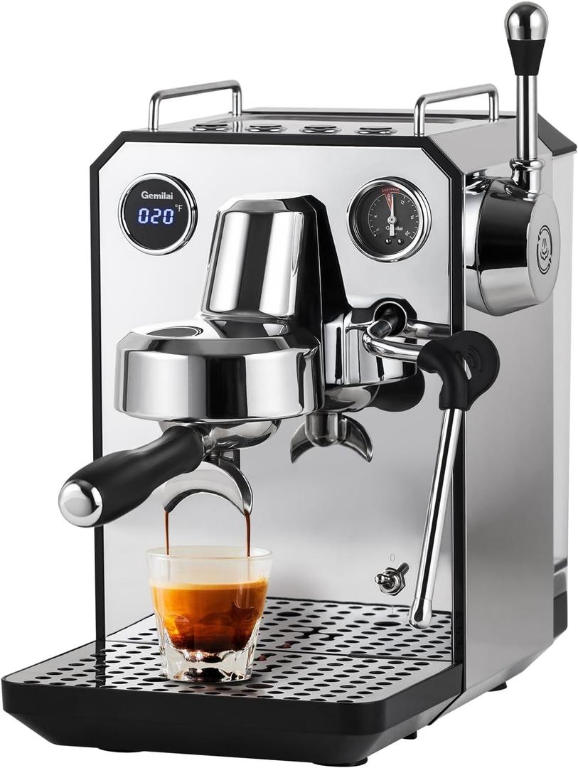 Gemilai Owl Espresso Machine, 15 Bar Professional Semi-Automatic Espresso Maker with Milk Frother Steam Wand & 57oz Removable Water Tank, Dual Display, for Cappuccino, Latte, G3006, Stainless Steel