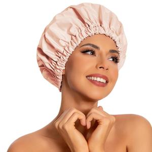 Reusable Shower Cap for Women, Large Waterproof Shower Bonnet Washable Elastic Band Bath Accessories Hair Hat for Long Hair, Braids (Beige)