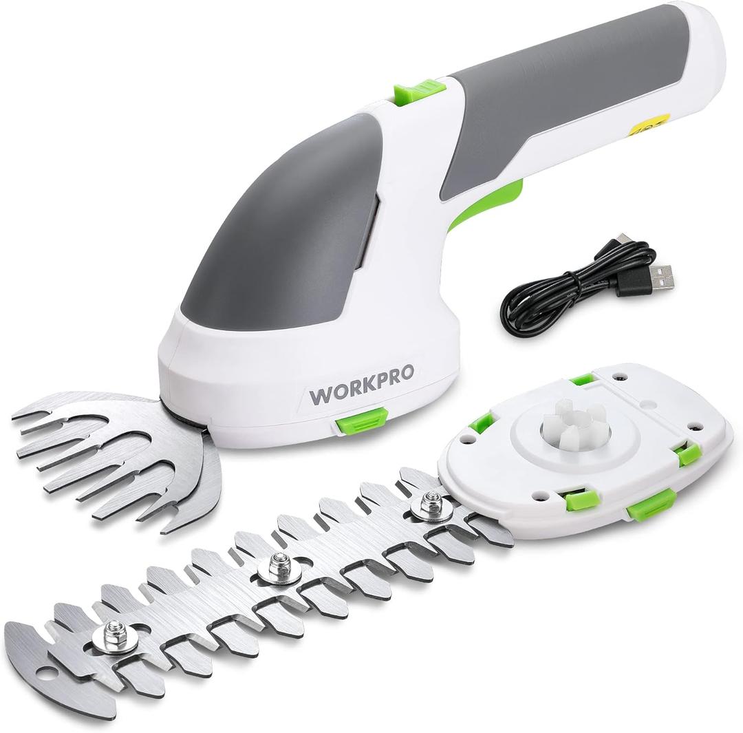 WORKPRO Cordless Grass Shear & Shrubbery Trimmer - 2 in 1 Handheld Hedge Trimmer 7.2V Electric Grass Trimmer Hedge Shears/Grass Cutter Rechargeable Lithium-Ion Battery and Type-C Cable Included (White)
