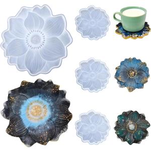 Flower Tray & Coaster Resin Molds Set, Large Flower Shaped Tray Silionce Mold with 3pcs Coaster Molds for Epoxy Resin Art, Home Decor