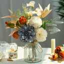 LESING Dahlia Flower Aritificial Flower with Vase Fake Silk Flowers in Glass Vase Faux Rose Flowers Arrangement for Home Office Table Centerpiece Decoration (Blue)