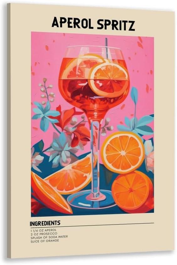 GyXzodonti Vintage Aperol Spritz Cocktail posters retro cocktail wall art Cocktail Drink Wall Decor Vintage bar cart decor Kitchen Home Bar Cart Club Decor Canvas Print 16x24inch Framed (16L" x 24W")