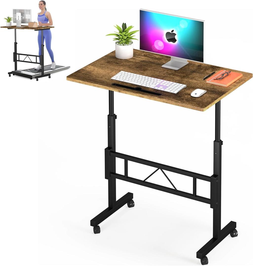 Klvied Small Standing Desk Adjustable Height, Mobile Table with Wheels, Portable Laptop Table, Standing Computer Desk for Walking Pad (Brown)