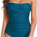 Smismivo Tummy Control Swimwear Strapless One Piece Swimsuit Ruched Bathing Suits for Women Slimming Bandeau Tube Top Bikini L