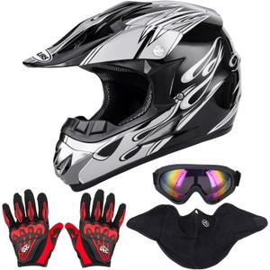 Adult Motocross Dirt Bike Helmet with Goggles, Gloves & Mask Dirt Bike ATV Helmet for Unisex-Adult Men Women Adjustable Sun Visor DOT/FMVSS-218 Off-Road Motorcycle Helmet UTV Helmet Downhill (Medium, New Black Flame)