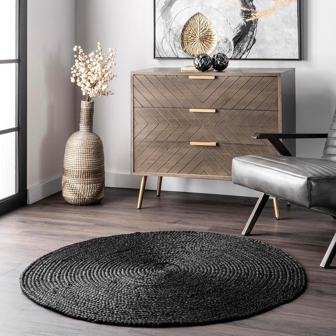 nuLOOM 4 Round Rigo Jute Hand Woven Area Rug, Black, Solid Farmhouse Design, Natural Fiber, For Bedroom, Living Room, Dining Room, Hallway, Office, Kitchen, Entryway