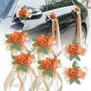 6 Pcs Ivory & White Rose Wedding Car Decoration Kit Bouquet Door Handle & Rearview Mirror Flowers with Satin Ribbon Bows, Gold Leaf, Artificial Floral for Just Married Car Decor (Champagne Orange)