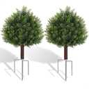 Suntee Artificial Cedar Topiary Trees with Ground Spike, 2 Pack Fake Bushes Topiary Trees Artificial Outdoor, UV Resistant Evergreen Outdoor Faux Plants for Garden Front Porch Decor (18.9in+7.1in)