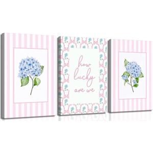 3Pcs Pink And Blue Hydrangea Canvas Wall Art Trendy Preppy Coquette Posters Prints How Lucky Are We Pictures Wall Decor for Girly Room Bedroom College Apartment Home Decorations(24L x16W Canvas), 16x24in Canvas