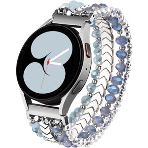 Lerobo Beaded Bracelet Band Compatible with Galaxy Watch 7/6/5/4/Active 2 40mm 44mm/Watch 4 Classic 42mm 46mm/6 Classic 43mm 47mm/5 Pro 45mm Women Girl 20mm Handmade Fashion Stretch Watch Band (Medium, Bluesilver)