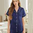 Silk Pajamas for Women Short Sleeve Sleepwear Soft Button Down Loungewear 2 Piece Satin Pjs Shorts Set (Blue, M)