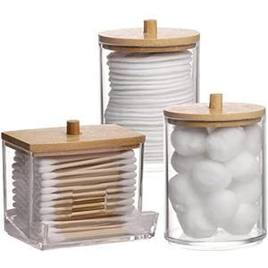 Tbestmax Qtips Holder Bathroom Container, 10/7 OZ Cotton Ball/Swabs Dispenser, Apothecary Jar Organizer for Storage Wood Lids