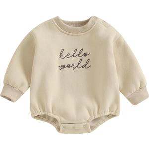 VISGOGO Newborn Infant Baby Boy Girls Oversized Romper Little Dude Sweater Onesie Coming Home Outfit Neutral Clothes (0-3 Months, Hello World-beige)
