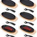 6 Pieces Oval Cast Iron Fajita Skillet Pan Set Small Sizzling Steak Plate with Wooden Base and Handle Cast Iron Fajita Skillet Sizzling Plate for Home Valentine's Day(9.5 in x 5.5 in, Natural Wood)