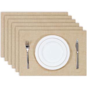 Kevin Textile Burlap Linen Placemats Set of 6 Heat Resistant Dining Table Cloth Place Mats Washable Kitchen Table Mats for Dinning Party Holiday Indoor Outdoor, 13 x19 inches, Cream Beige