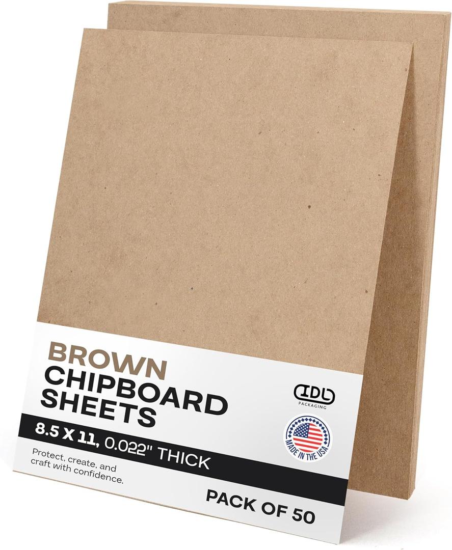 Chipboard Sheets 8.5" x 11", Pack of 50 - USA-Made Cardboard Sheets for Scrapbooking, Framing - Heavy-Duty 0.022" Thickness Brown Cardstock - Chip Board Pads for Crafts, DIY Projects by IDL Packaging